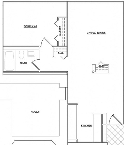 Floor plan for 1 bed, 1 bath, 667 sqft